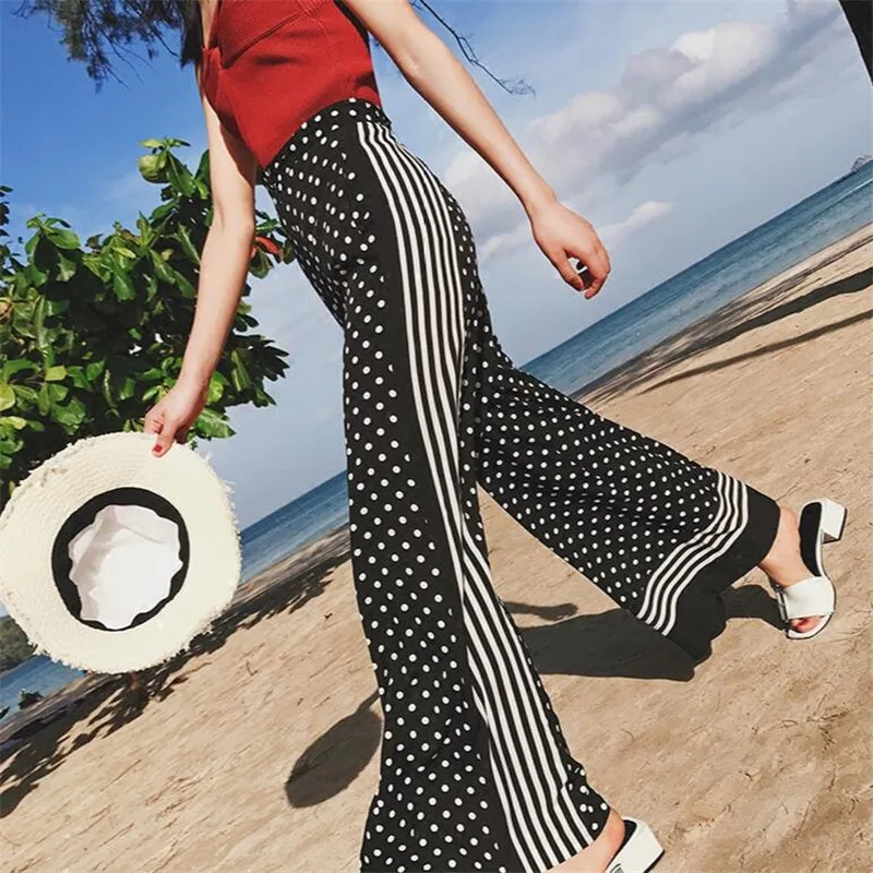 

2017 Summer Women Casual Loose Harem Pants Black And White Polka Dot Wide Leg Palazzo Culottes Trouser Female Clothing A3110