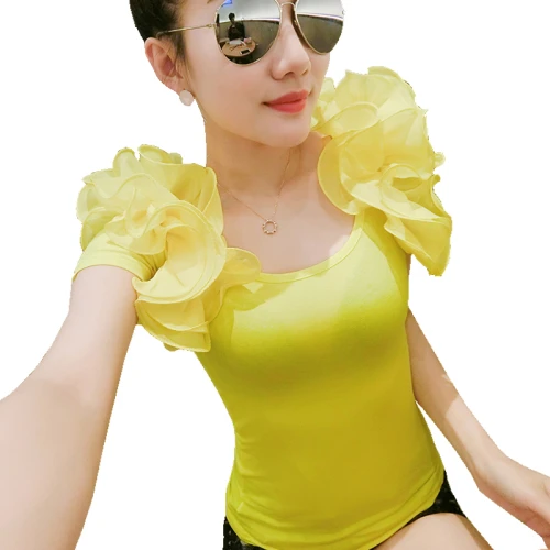 2021 Summer Plain Women Cotton Elastic Basic Female Ruffles Short Sleeve Sexy T Shirt Vogue Cotton Camiseta Korean Tops Female Yellow