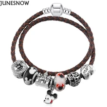 Junesnow модные двойные кольца кожаный плетеный браслет от бренда с Микки эмалированные подвески-шарики из и висячие украшения P003