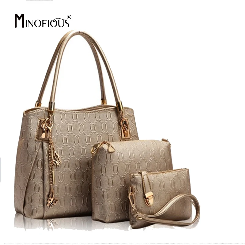 

MINOFIOUS Solid Composite Bag 3 Piece Set Tote Bags Brand Women Soft PU Leather Handbags Fashion Casual Simple Shoulder Bag
