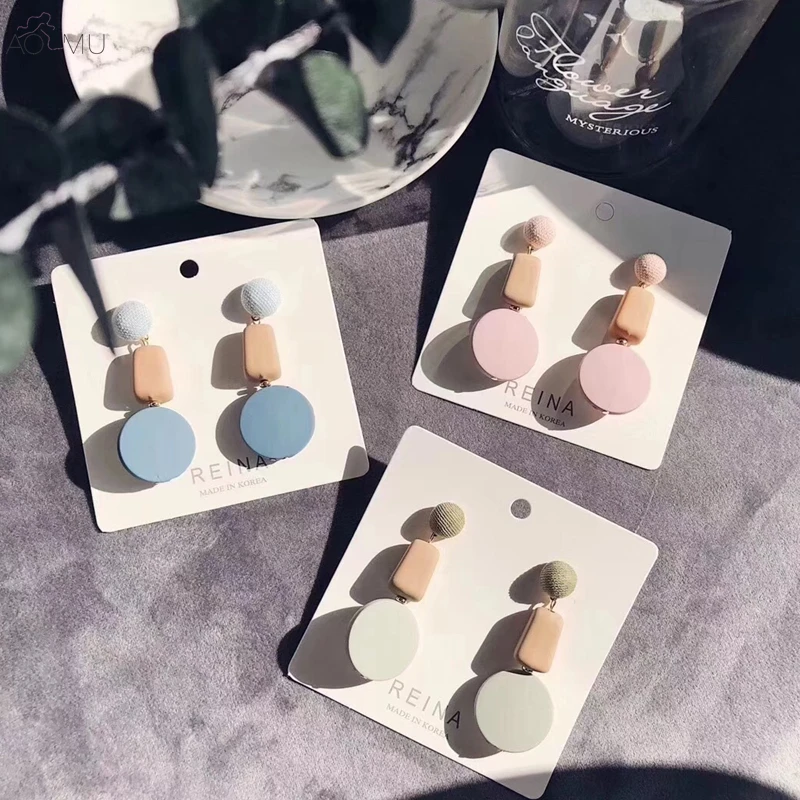 

AOMU Korean Sweet Geometric Square Round Circle Button Long Drop Earrings for Women Girl Office Student Party Jewelry Gift