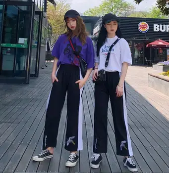 

summer hit color embroidery Crane nine pants casual high waist loose thin section wide leg pants