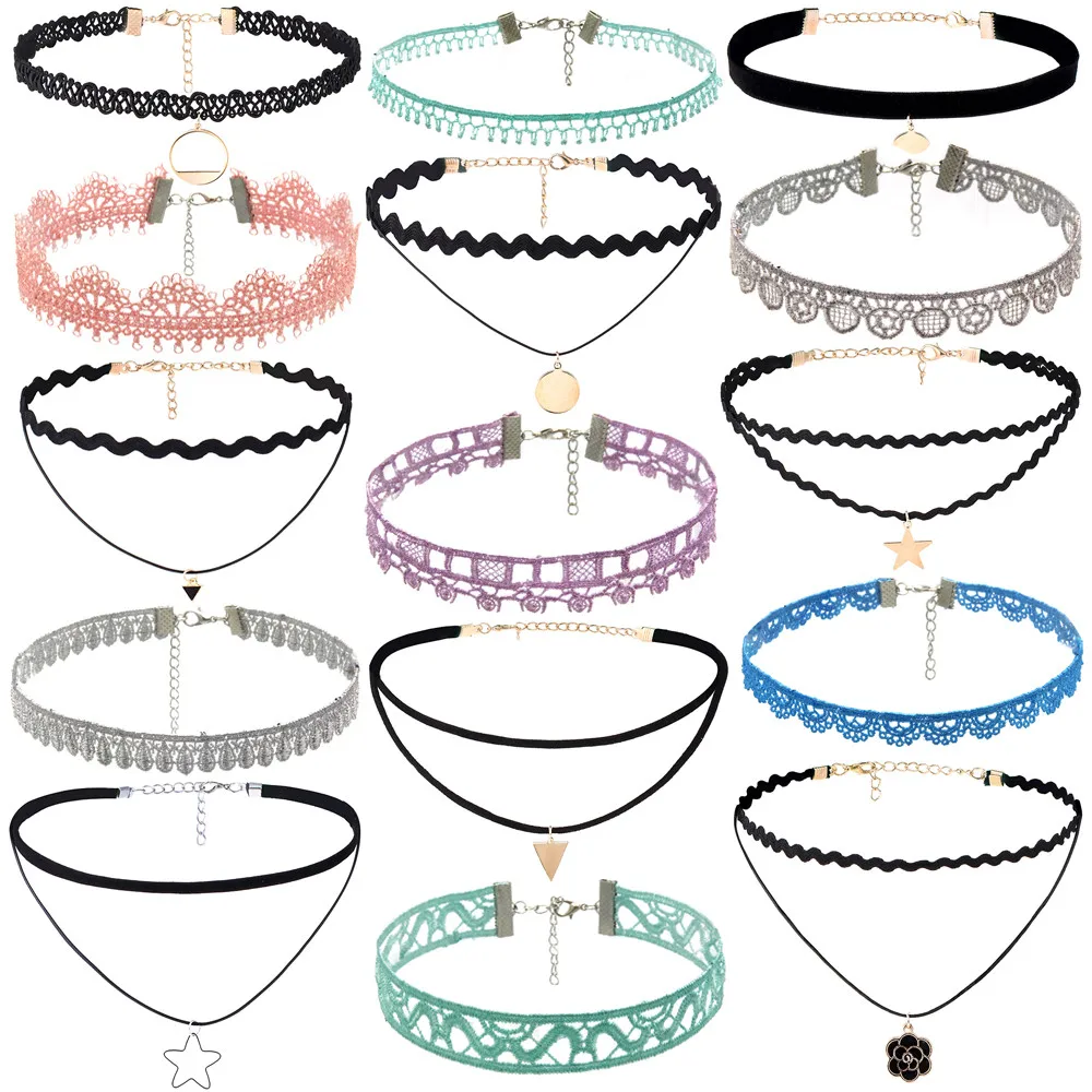 Fashion Girl Necklace 15Pieces Choker Necklace Set Stretch Velvet Classic Gothic Tattoo Lace Choker Collier de mode J.10 Fashion Girl Necklace 15Pieces Choker Necklace Set Stretch Velvet Classic Gothic Tattoo Lace Choker Collier de mode J.10