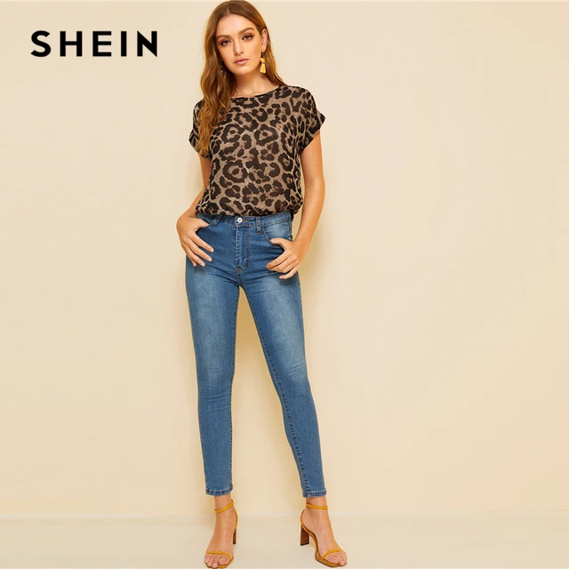 SHEIN Round Neck Leopard Blouse 2019 Women Clothes Summer Cap Sleeve Round Neck Tops And Blouses Blouses & Shirts Women's Women's Clothing