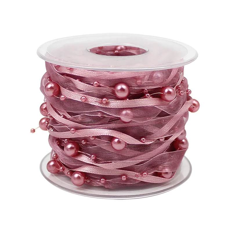 HUADODO 10 метров органза сатин лента бисером жемчужные бусы цепь для упаковка для свадебного подарка рождественские украшения DIY Вечерние - Цвет: Розовый