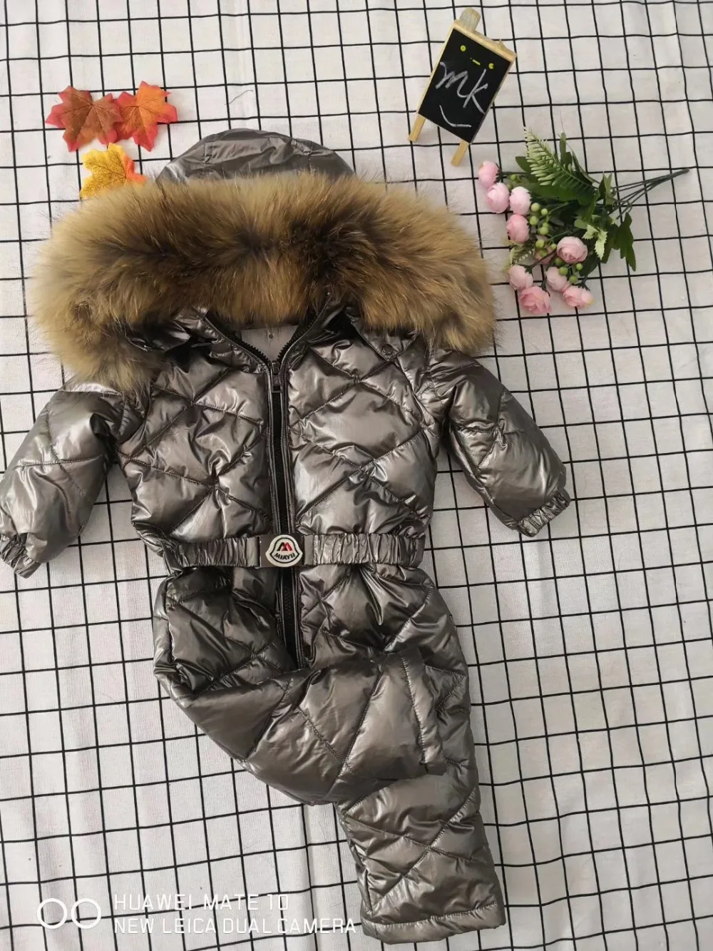 70cm-150cm Real fur hooded baby outergoing Winter children jumpsuit snow suit girl down boy Baby coveralls ski suit