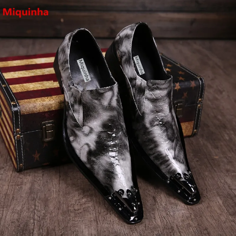 

Miquinha Grey Color Pointed Toe Crocodile Pattern Rivet Men Casual Leather Shoes Height Increasing Slip On Men Dress Party Shoes