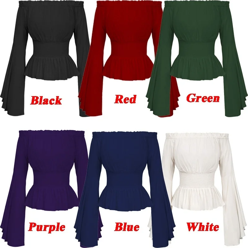 

Womens Medieval Renaissance Gothic Bell Sleeves Ruffle Off Shoulder Boho Retro Vintage Gothic Victorian Bell Sleeves Tops