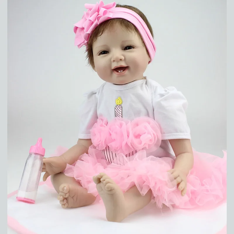 NPK 55 см кукла-Реборн, силиконовая кукла-Реборн, с хлопковым корпусом, с розовым тортом, платье, игрушки для детей на день рождения