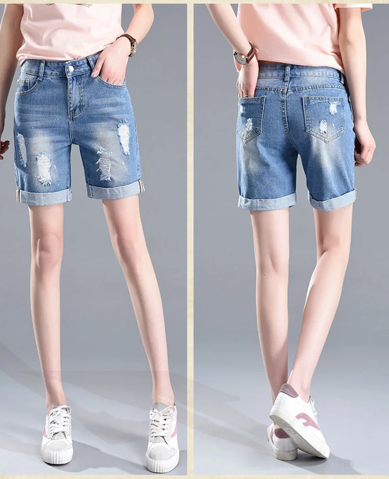 Летние прямые шорты из джинсовой ткани свободный джинсовый рваный комбинезон модные повседневные рваные женские джинсы короткие с карманами Большие размеры