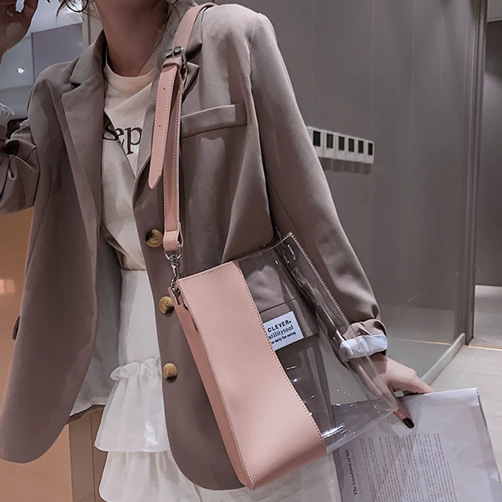 

2019 New Vintage Elegant Ladies Crossbody Bag Fashion Transparent Handbag Contrast Color Stitching Large Capacity Bag