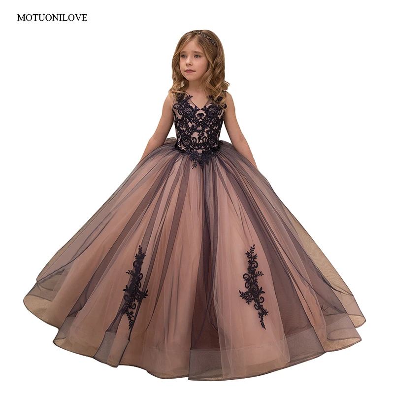 

Black Ball Gowns Pageant Dresses for Girls Lace V Neck Floor Length Long Flower Girls Dresses Kids Baby First Communion Dresses