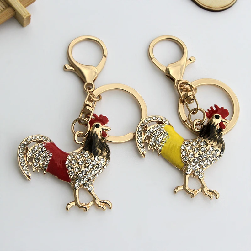 Opals Cock Rooster Chicken Lovely Crystal Keyrings Keychains Rhinestone Bag Pendant Key chains Christmas Gift Jewelry