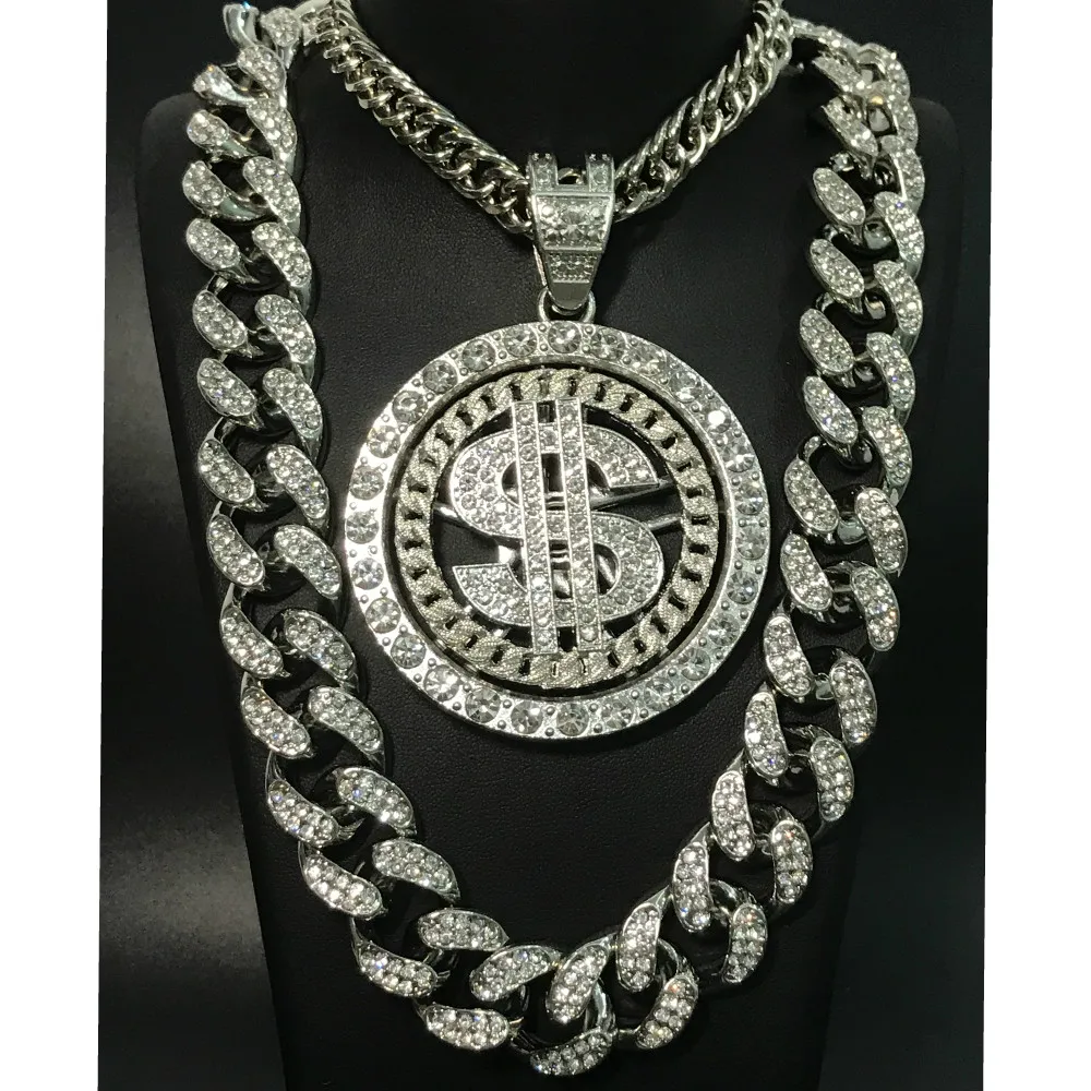 Men Gold Metal Necklace Sparkling Big Shiny Dollar Sign $ Glitter Pendant Street 