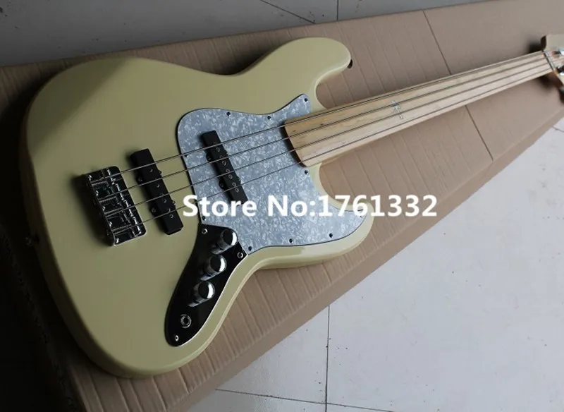 

Factory custom 4 strings milk-white electric bass guitar with white pearl pickguard,reverse headstock,can be changed as request
