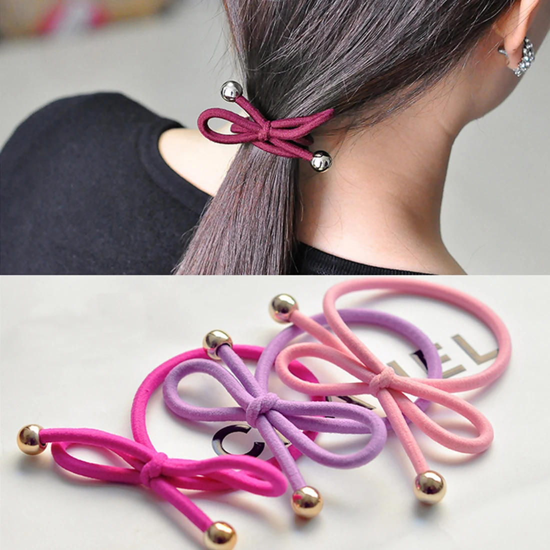 

2pcs Women Elastic Hair Band Colorful Hair Tie Rope Bow Ring Rubber Ponytail Holder For Girls Accessories