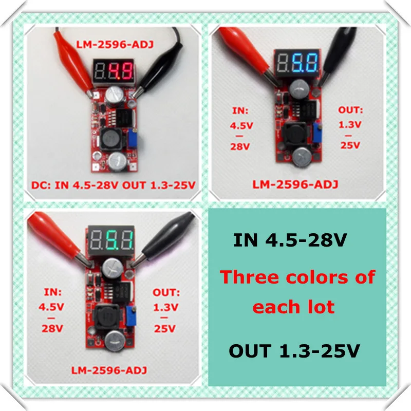 

LM2596 DC-DC Adjustable Step-Down Power Supply Module buck converter three color LED Voltmeter/ Button Switch [6 pcs/lot]
