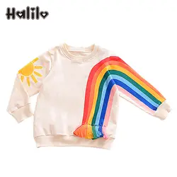 Halilo/топы для девочек, Детская футболка с длинными рукавами, радужная одежда для маленьких девочек, полосатые рубашки для маленьких девочек