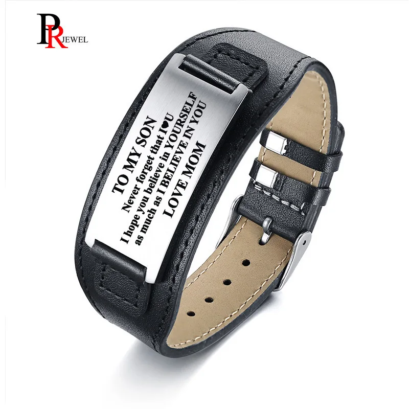 

Free Engraving Custom Bracelets for Son Stylish Black Genuine Leather Wrap Strap Bracelet Bangle 6.8"-8.8" Adjustable