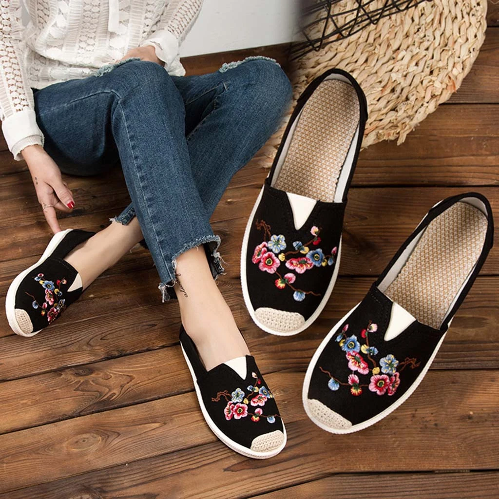 2019 zapatos planos de Primavera Verano señoras zapatos de moda punta redonda plana con mocasines con bordado Casual zapatos de lona planos de mujer| -
