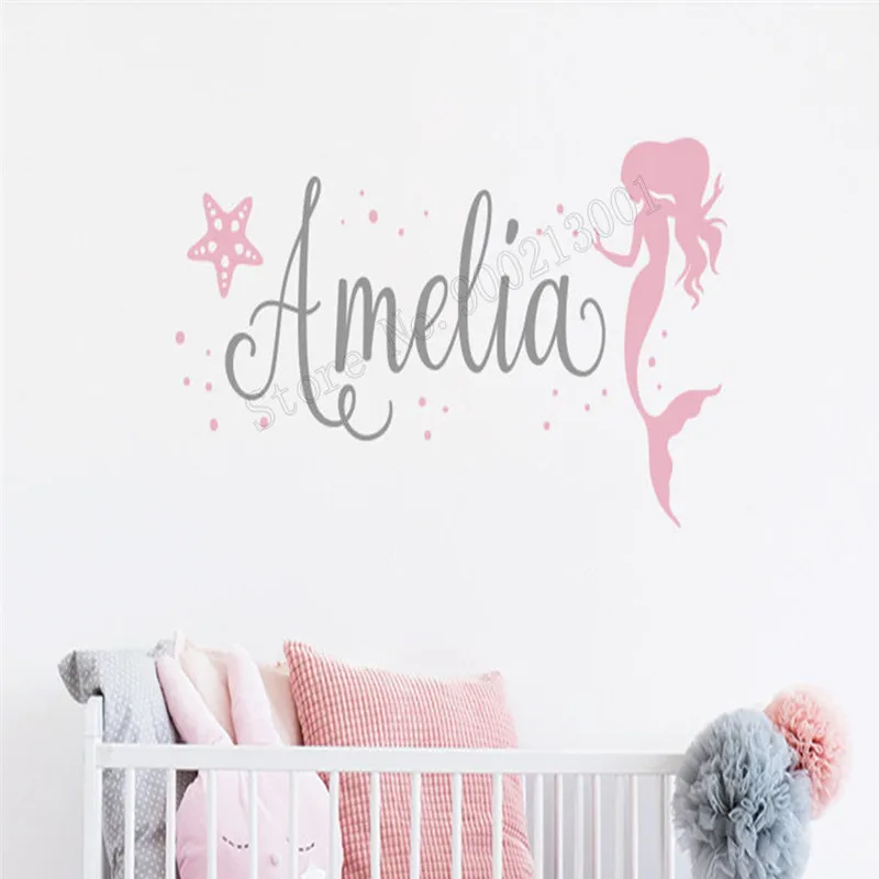 

Wall Decoration Mermaid and Starfish Room Decor Vinyl Beauty Sticker Removeable Poster Personalized Name Design Mural LY361