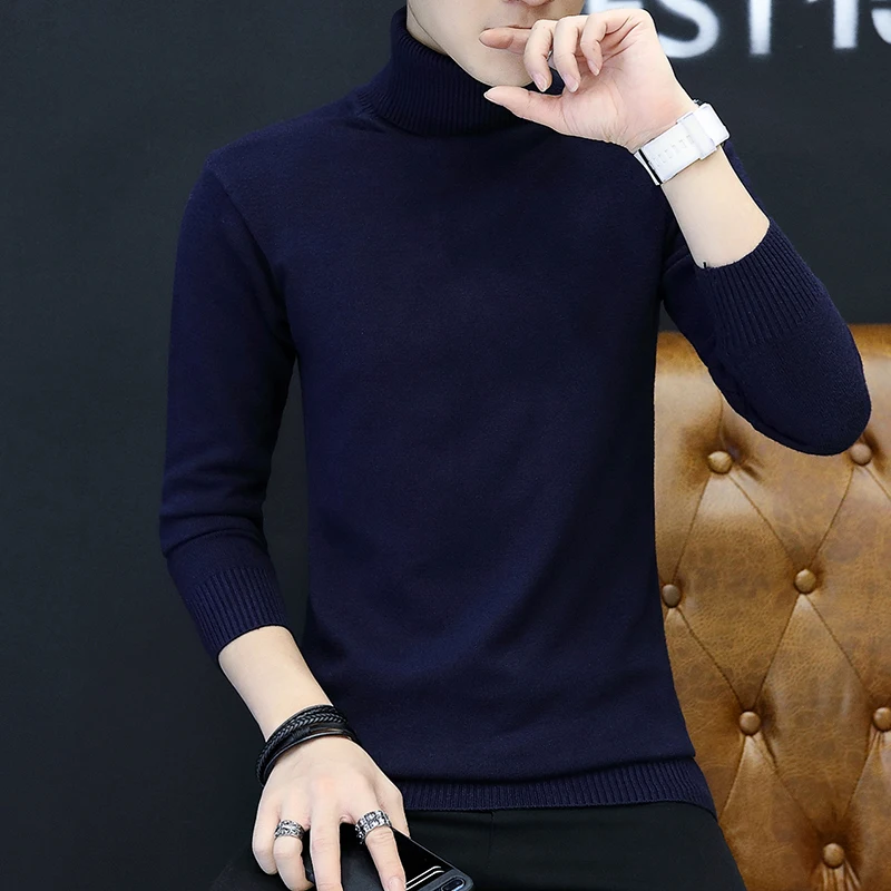  LEFT ROM 2019 Men Turtleneck Sweater Autumn Winter Solid Color Casual Sweater Men's Slim Fit Knitte