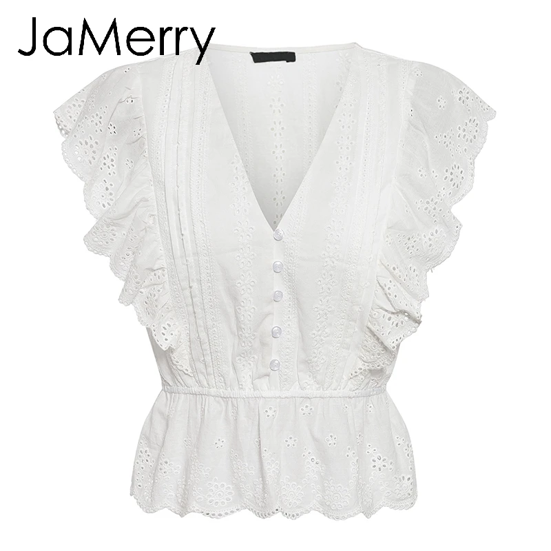  JaMerry Causal white embroidery lace hollow out blouse shirt women Ruffles woman blouse top Female 