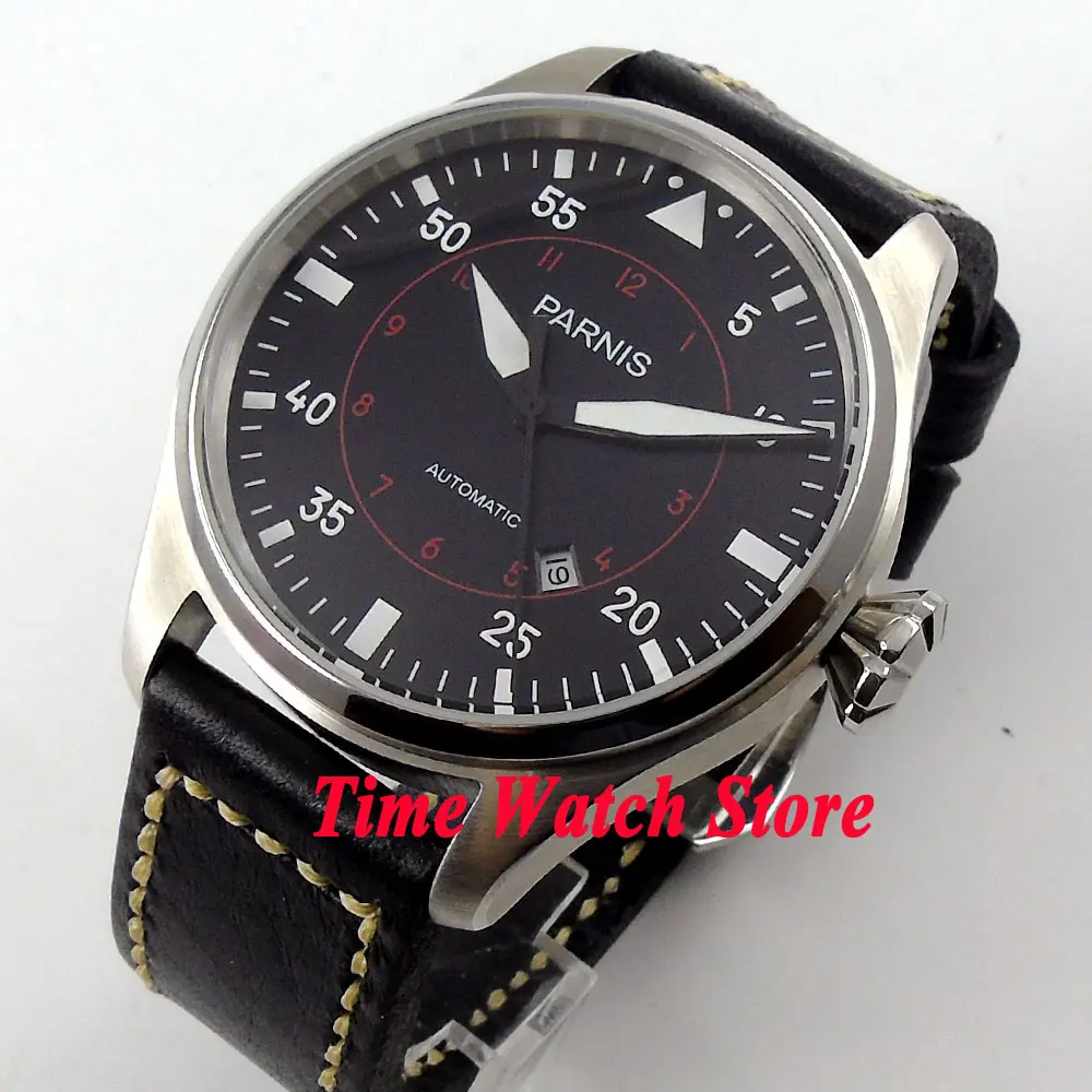 

47mm parnis black dial luminous date window black leather strap MIYOTA automatic movement men's watch 575