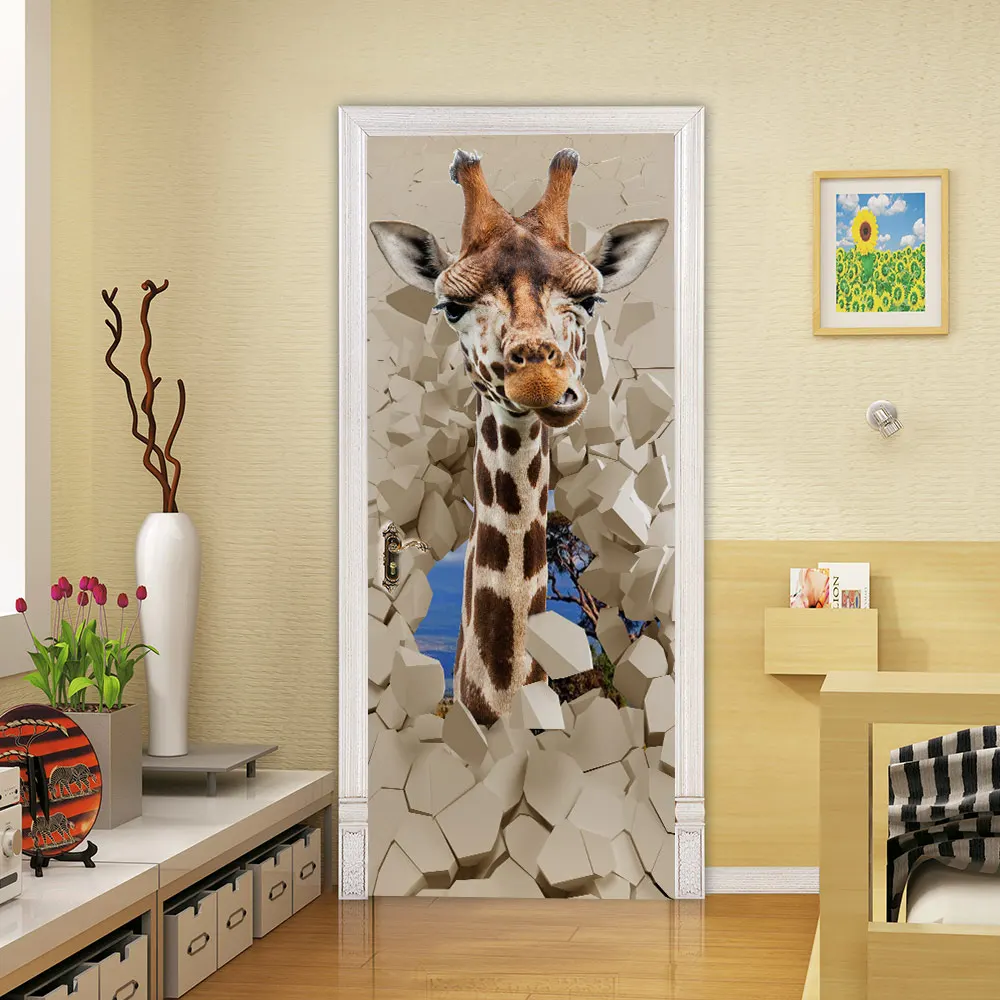 Мультфильм Жираф Наклейки на дверь для дома украшения двери ремонт животных Vivd 3D самоклеющиеся настенные наклейки на двери обои