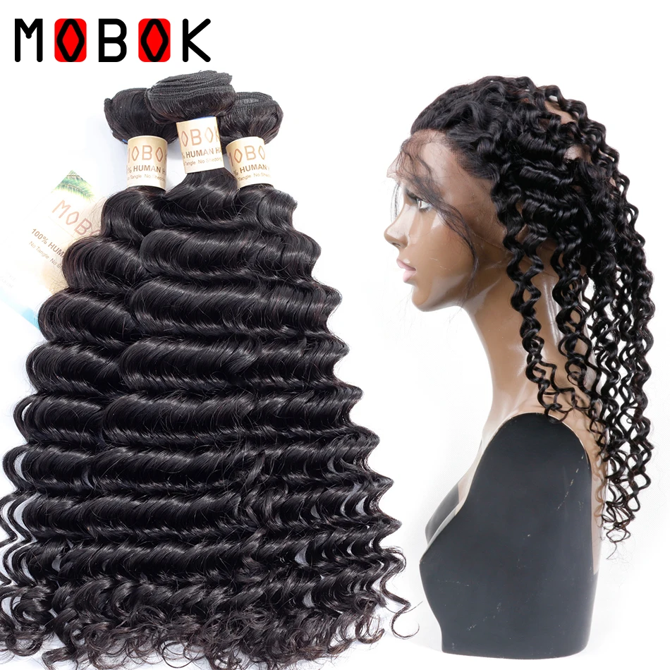 

Mobok Deep Wave Brazilian Hair Bundles with Frontal Non Remy Hair Bundles with Frontal Human Hair Bundles with 360 Lace Frontal