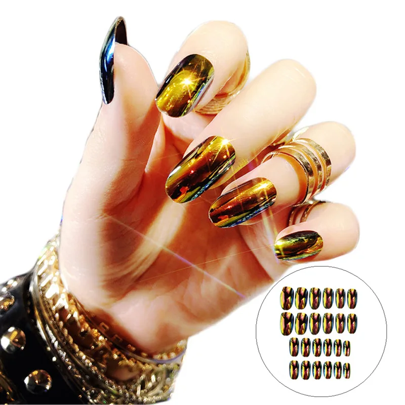 

24pc Magic Light Changed False Nails Middle Long Round Head Mirror Reflective Bling Artificial Fake Nail with Glue Nail Art Tips