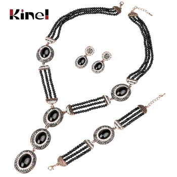 

Kinel 3pcs Black Natural Stone Bohemia Jewelry Sets Handmade Beaded Big Pendant Necklace Earring Bracelets For Women Luxury Gift