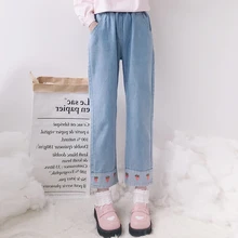 Для женщин Harajuku джинсы свободные Высокая талия джинсы клубника вышивка эластичный пояс лодыжки Длина Джинсы Женский# T009