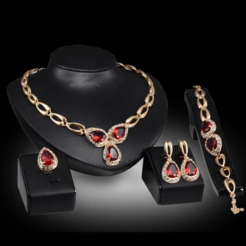 

African costume Gold Red Purple zircon crystal necklace earrings bracelet Ring set women bridal jewelry sets
