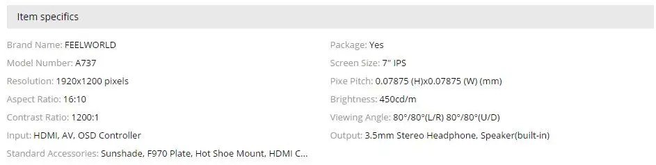 Feelworld A737 7 дюймовый полевой монитор Алюминий дизайн Full HD 1920x1200 4 K HDMI накамерный монитор с усилением для помощи в фокусировке за пределами «Зебра»