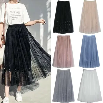

2019 Spring Autumn Vintage Skirts Womens Elastic High Waist Tulle Mesh Skirt Elegant Long Pleated Tutu Skirt Female Jupe Longue