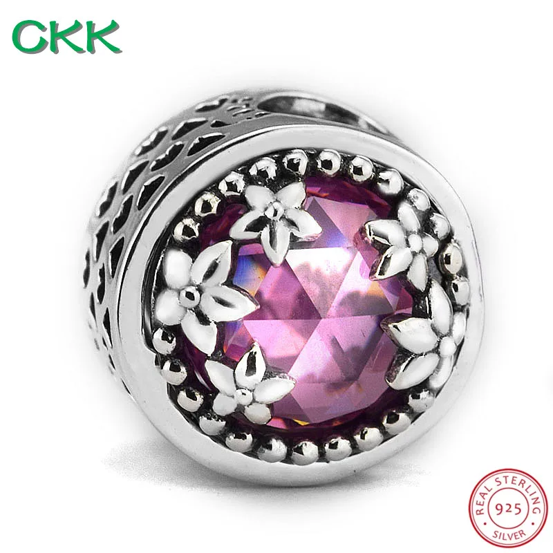 

CKK 925 Sterling Silver Radiant Heart Floral Beads Pink Crystal Clear CZ DIY Fit PANDORA Charms for Women Jewelry Making CK002A