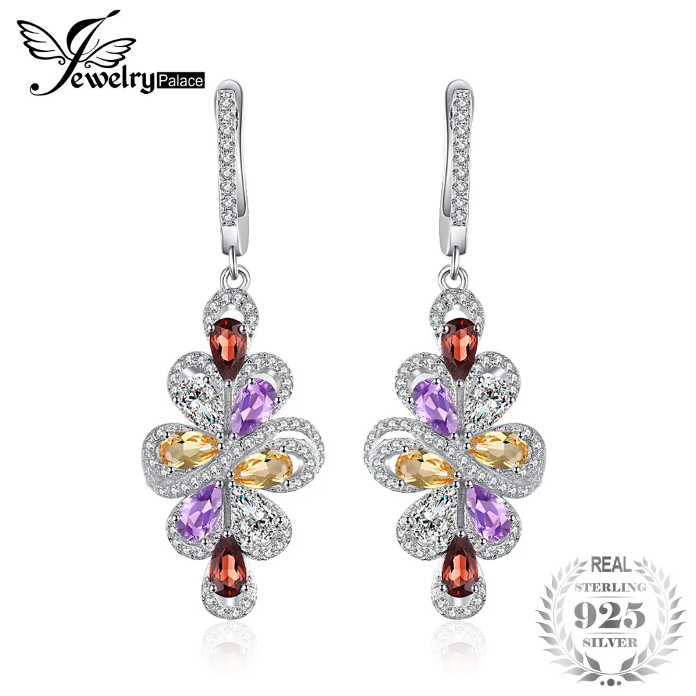 

JewelryPalace Luxury 2.9ct Pear Multicolor Genuine Amethyst Garnet Citrine Green Amethyst Dangle Earrings 925 Sterling Silver