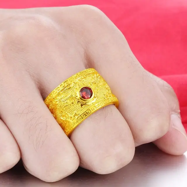 MxGxFam Men’s Rings Double Dragon Red CZ 24 k Pure Gold Color Animel jewelry 8/9/10/11/12 (US)