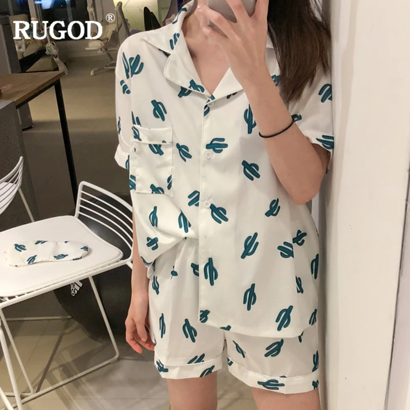 Женский Пижамный костюм RUGOD белая зеленая рубашка с отложным воротником и