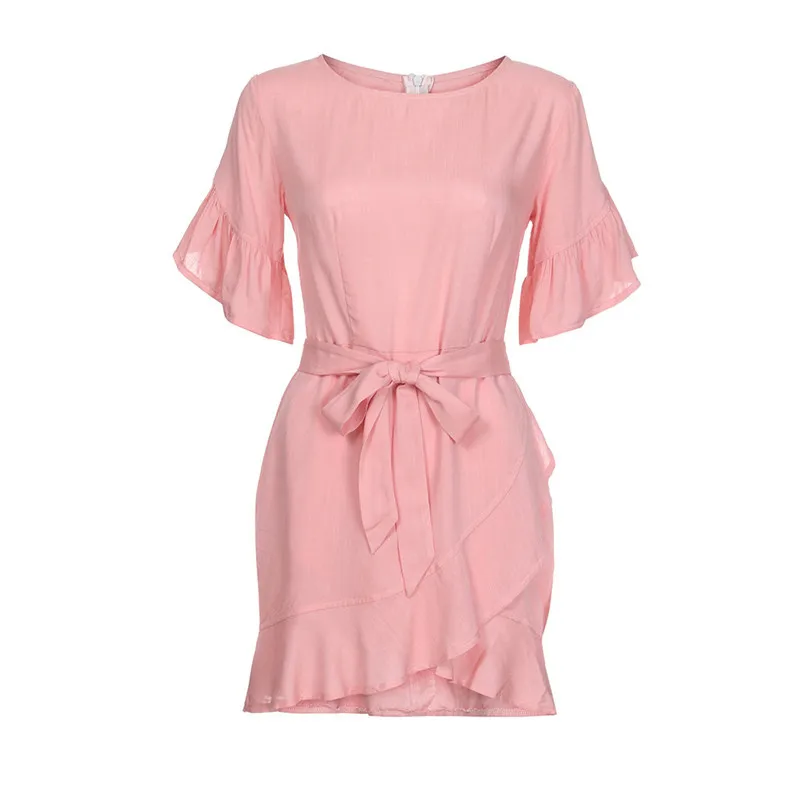 HOT sell Fashion summer dress 2018 beach dress Women Short Sleeve Holiday Solid Dress Ladies Ruffle Mini Dress vestido Y20#N (5)