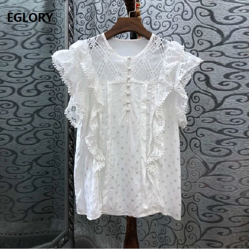 

High Quality White Blouse Shirts 2019 Summer Vintage Tops Women Exquisite Embroidery Polka Dot Print Patchwork Elegant Tops