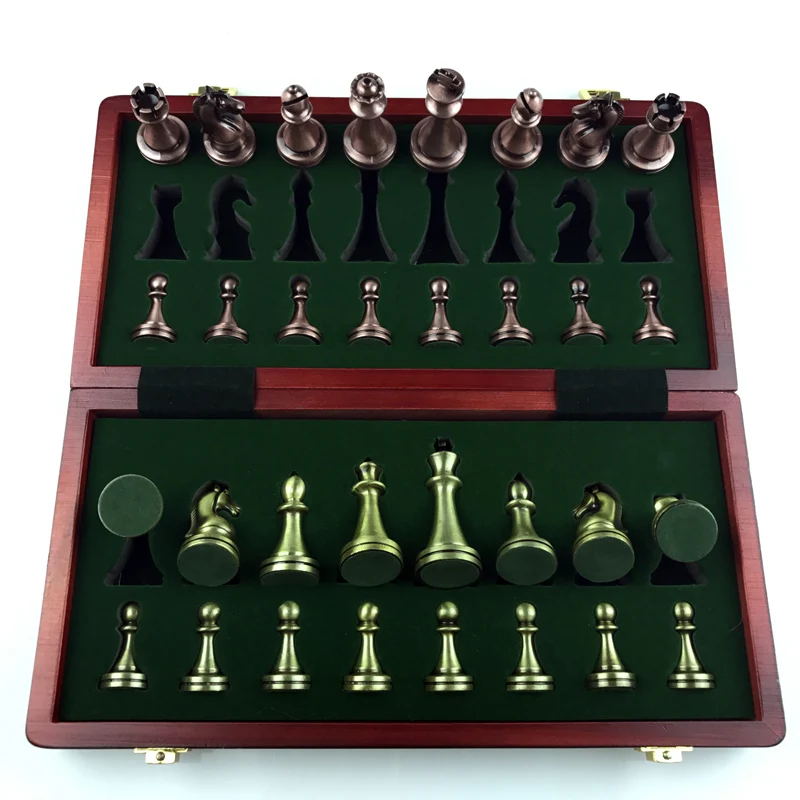 Classic Zinc Alloy Chess Pieces wood grain board Chess Game Outdoor leisure entertainment golden High Quality Chess the qenueson