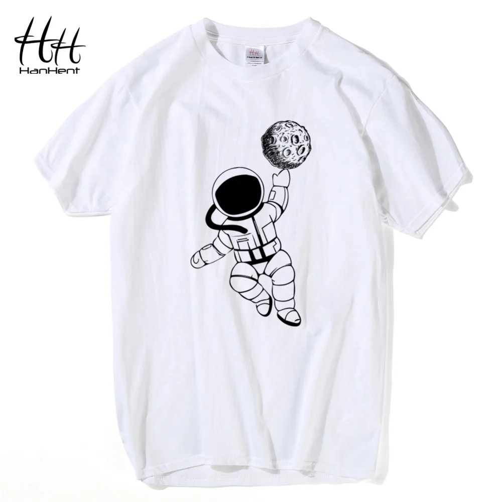 

HanHent creative design astronaut moon print t-shirt cotton casual cartoon t shirt summer funny fashion top 3d white tshirt 2xl