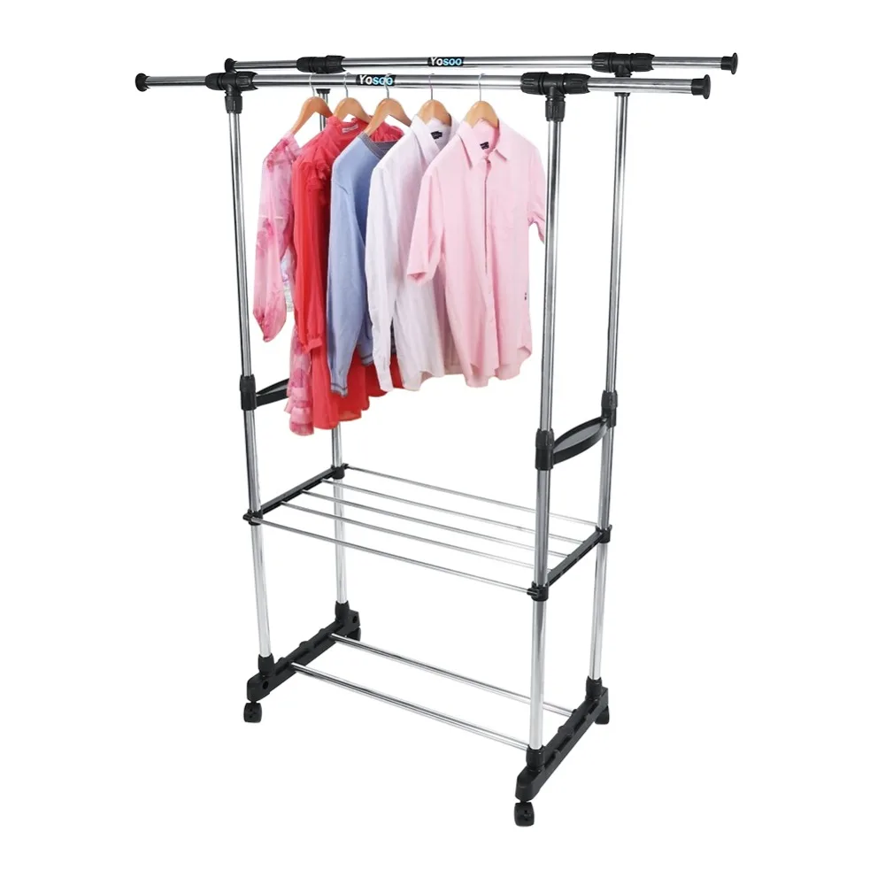 

Adjustable Telescopic Stainless Steel Double Rolling Rails Home Clothes Garment Rack Stand Max Loading 65lbs