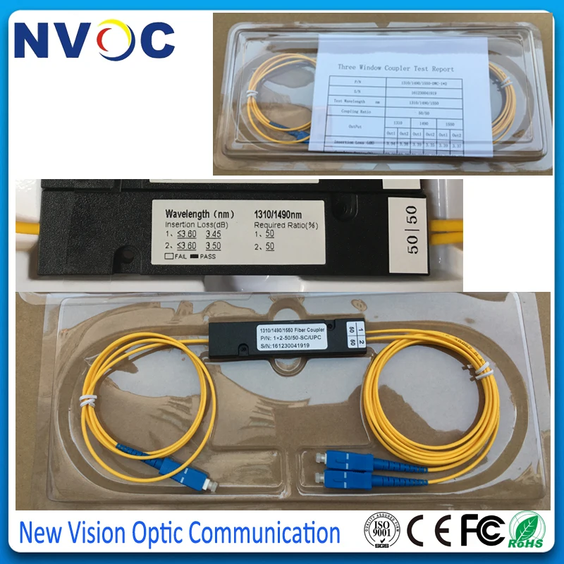 50/50 1X2 FBT волоконная муфта SM тройное окно 1310/1490/1550 2 0 мм 1 м Коробка ABS 90*20*10 SC/UPC 1*2