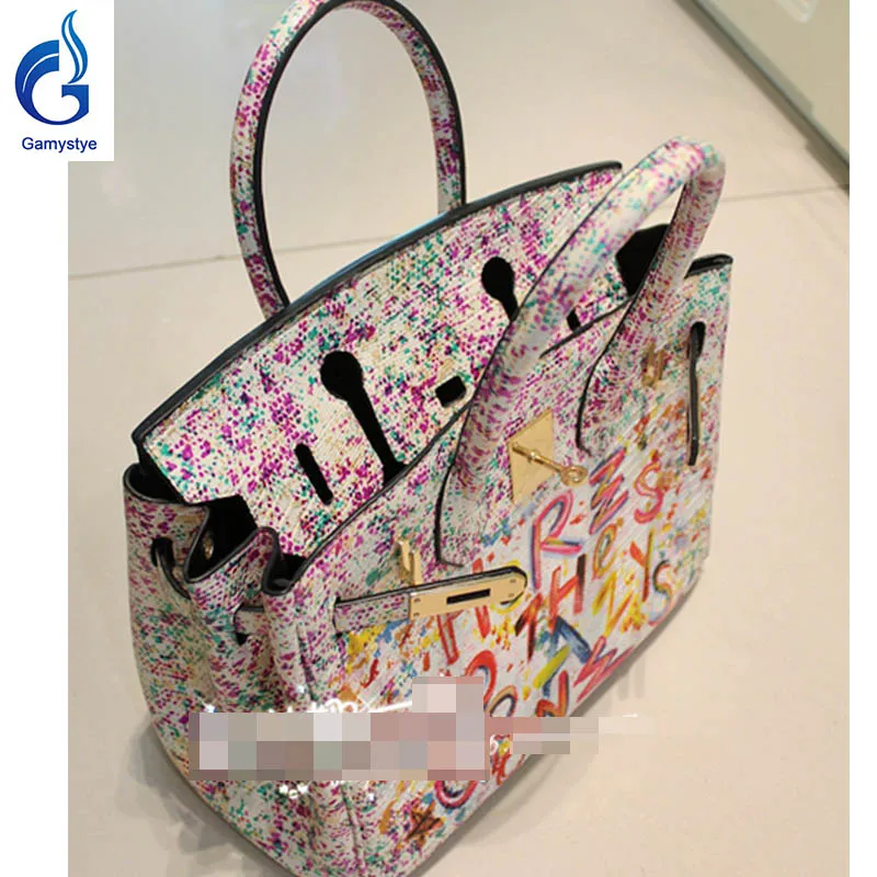 

White Graffiti handbags Genuine Leather women famous Messenger Bag Hand Painted Custom painting ladies totes handle clutch YG