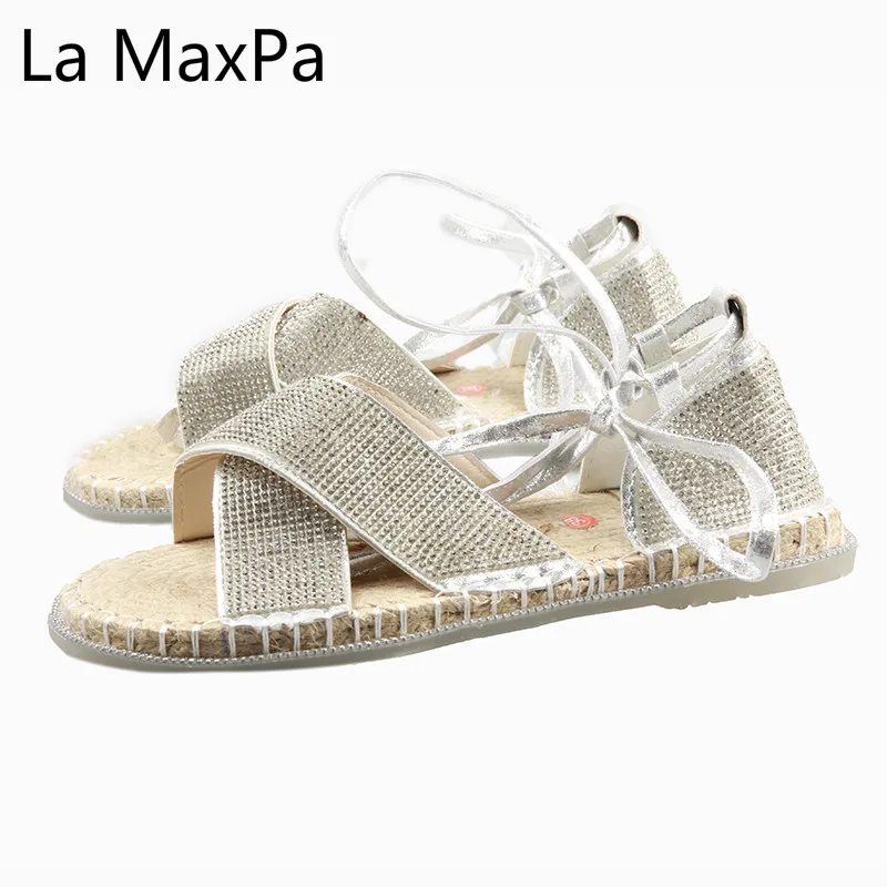 

Spring Summer New Women Shoes Fashion Holiday Drill Cross-strap Flat-soled Roman Shoes Party Sequins casual Lace Sandals