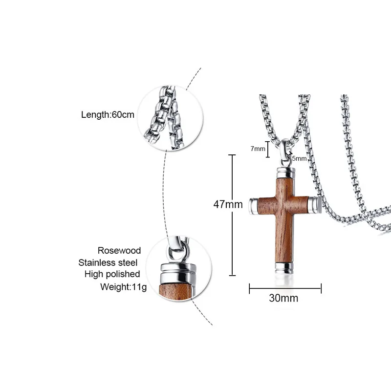 Vnox высокое качество розовое дерево крест кулон ожерелье для мужчин Нержавеющая сталь Мужской молитва ювелирные изделия