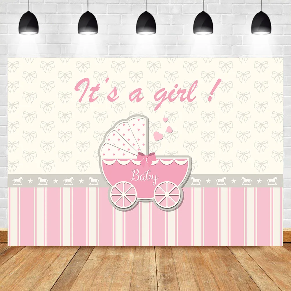 

NeoBack Gender Reveal Baby Shower Backdrops Girl Baby Shower Baby Carriage Bow Pink Background Photography